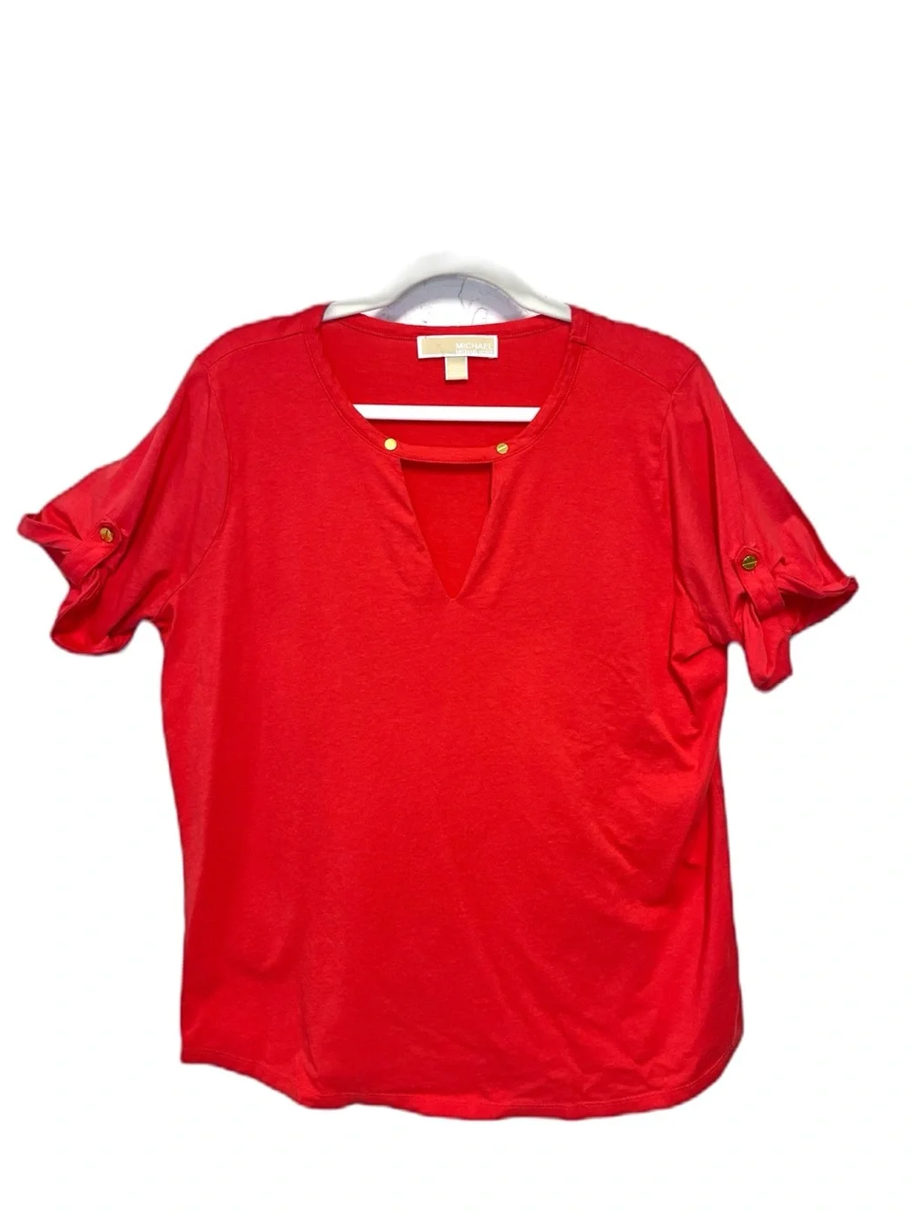 Michael Kors Keyhole Front Gold Logo Buttons Orange Short Sleeve Top Blouse